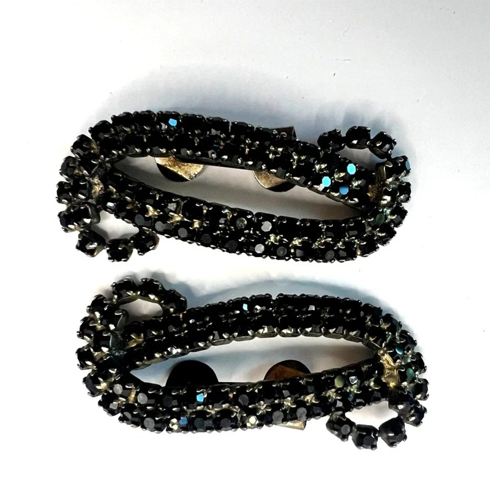 Vintage MUSI Black‎ Rhinestone Shoe Clips 1950s Mid Century Glam Accessory MCM